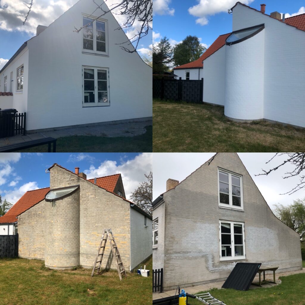Før og efter hvid facade maling på en bygning